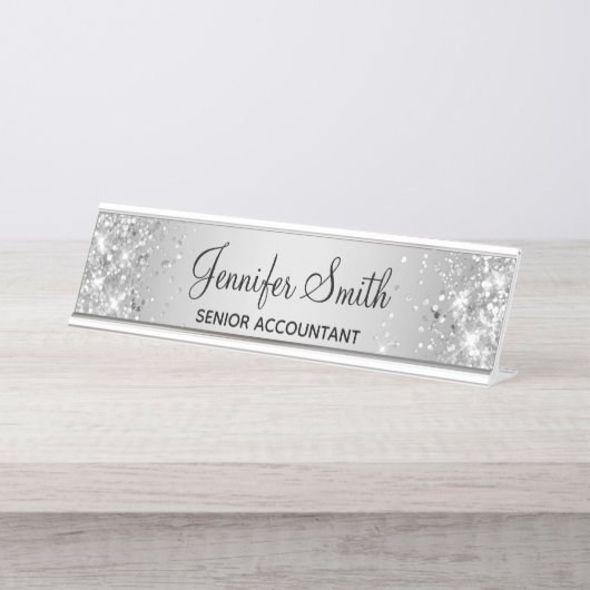 輝ガーリーく銀の灰色グラデーション デスクネームプレート (正面)