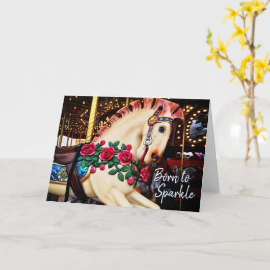 輝生まれく回転木馬馬の写真の書道へ カード (黄色い花)