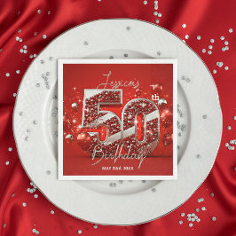 輝鮮やかかしいルビーレッドとシルバー50誕生日 スタンダードカクテルナプキン