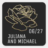 輪郭のバラの花の名前結婚は、の黒 スクエアシール (正面)