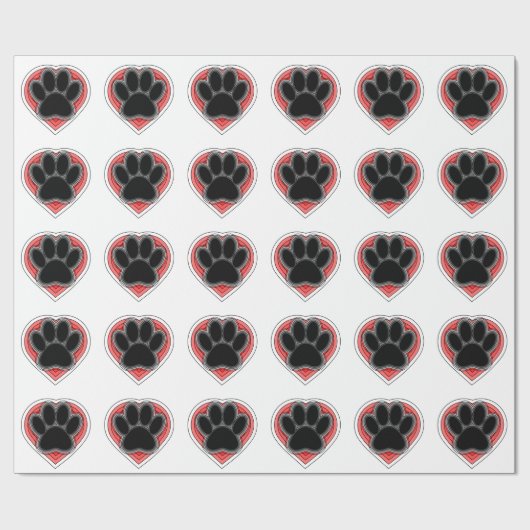 輪郭の付いた赤いハートの犬の足 ラッピングペーパー (フラット)