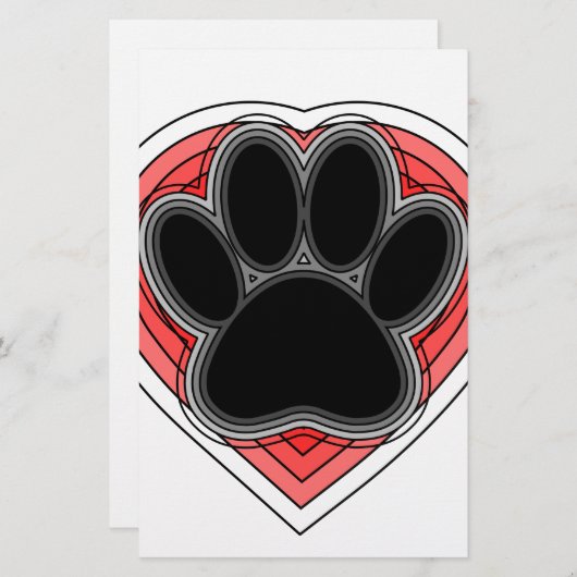 輪郭の付いた赤いハートの犬の足 便箋 (正面/裏面)