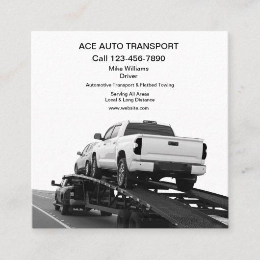 輸送クール車のフラットベッド牽引事業 スクエア名刺 (正面)