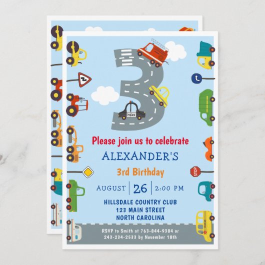 輸送三歳の誕生日パーティの招待状 招待状 (正面/裏面)