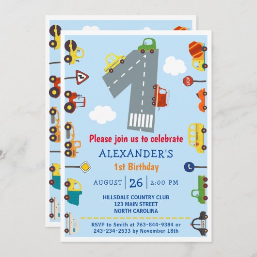 輸送所1歳の誕生日パーティの招待状 招待状 (正面/裏面)