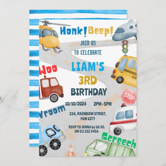 輸送用飛行機ヘリコプタバス誕生日 招待状 (正面/裏面)