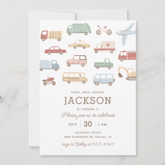 輸送車とトラック少年の誕生日パーティー 招待状 (正面)