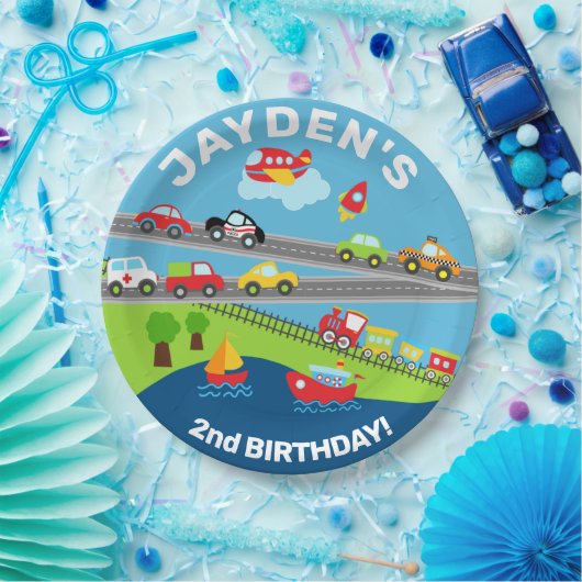 輸送車の男の子の誕生日の編集可能プレート。 ペーパープレート (パーティー)