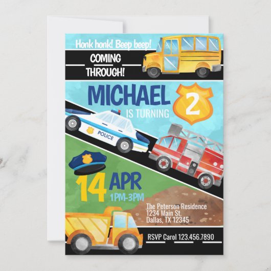 輸送車トラック誕生日パーティーの招待 招待状 (正面)