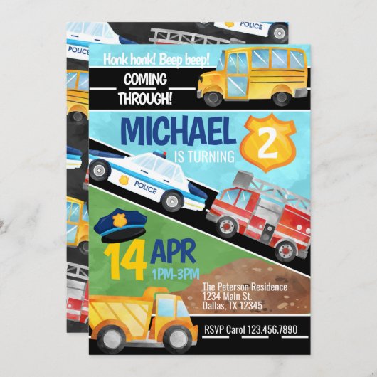 輸送車トラック誕生日パーティーの招待 招待状 (正面/裏面)