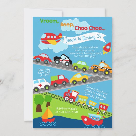輸送車両の男の子の誕生日招待状 招待状 (正面)