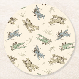 轟音のアールデコの飛行機 – 青い緑のパターン。 ラウンドペーパーコースター