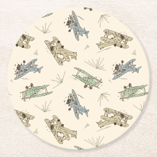 轟音のアールデコの飛行機 – 青い緑のパターン。 ラウンドペーパーコースター (正面)
