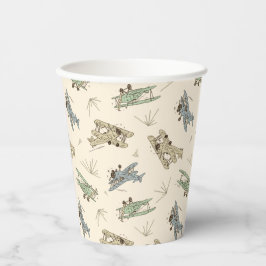 轟音のアールデコの飛行機 – 青い緑のパターン。 紙コップ