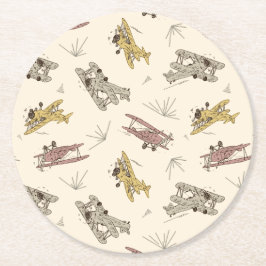 轟音のアールデコのBi飛行機 – 赤い黄色のパターン。 ラウンドペーパーコースター