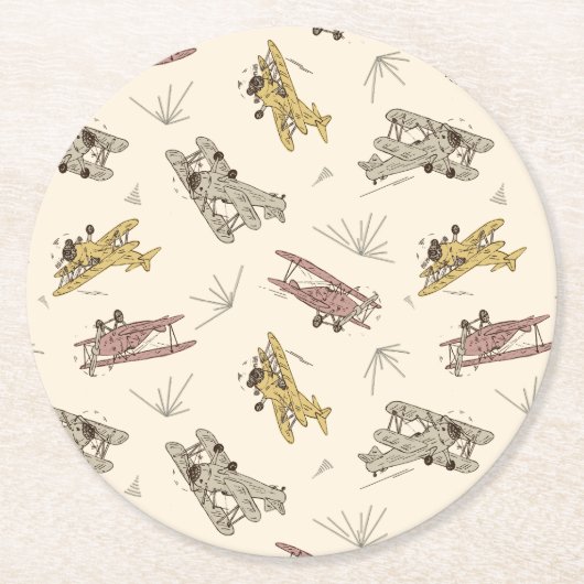 轟音のアールデコのBi飛行機 – 赤い黄色のパターン。 ラウンドペーパーコースター (正面)
