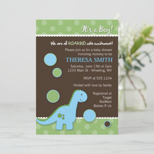 轟音の恐竜のベビーシャワー招待状 招待状 (スタンド正面)