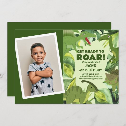 轟音の恐竜の子供の誕生日写真 招待状 (正面/裏面)