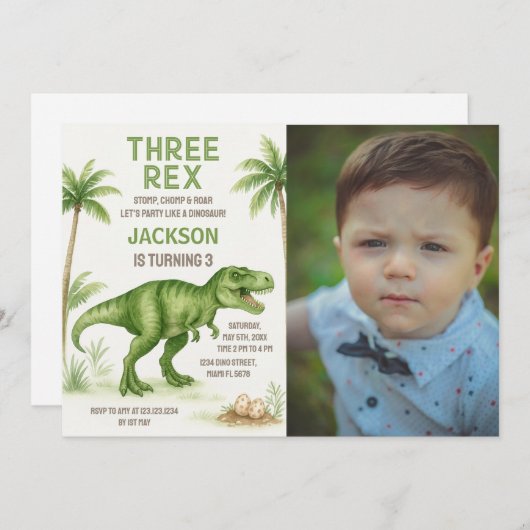 轟音の恐竜の誕生日招待状と写真 シーズンカード (正面/裏面)