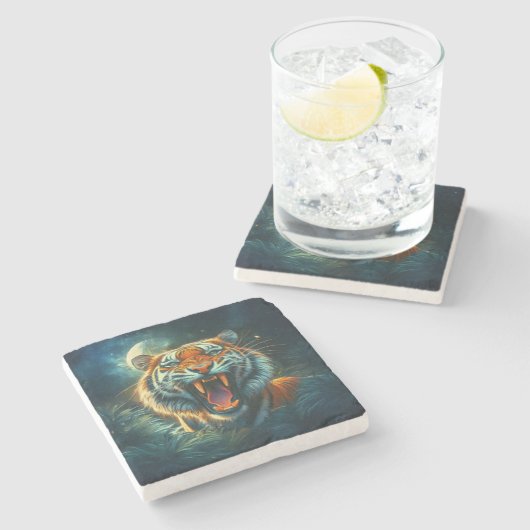 轟音の虎の月に照らされたジャングル ストーンコースター (横)