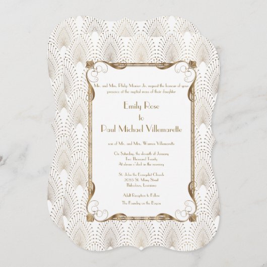 轟音の20年代ギャツビー素晴らし金ゴールドホワイト結婚ズ 招待状 (正面/裏面)