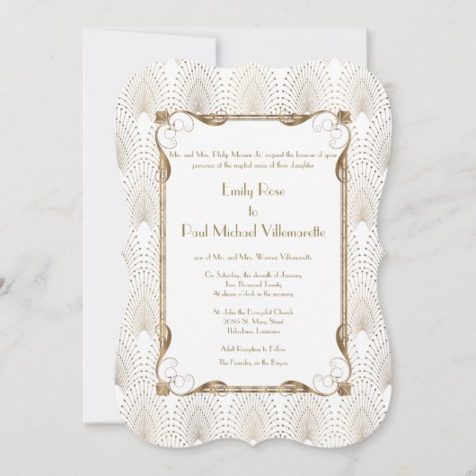 轟音の20年代ギャツビー素晴らし金ゴールドホワイト結婚ズ 招待状 (正面)