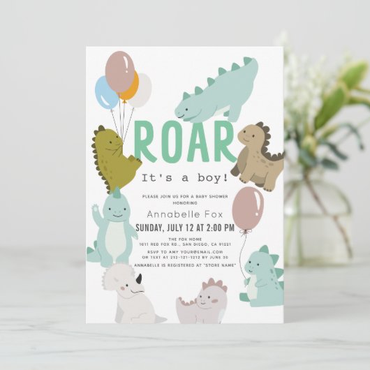 轟音は男の子の恐竜の男の子のシャワー 招待状 (スタンド正面)