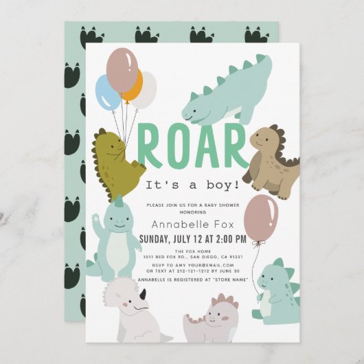 轟音は男の子の恐竜の男の子のシャワー 招待状 (正面/裏面)