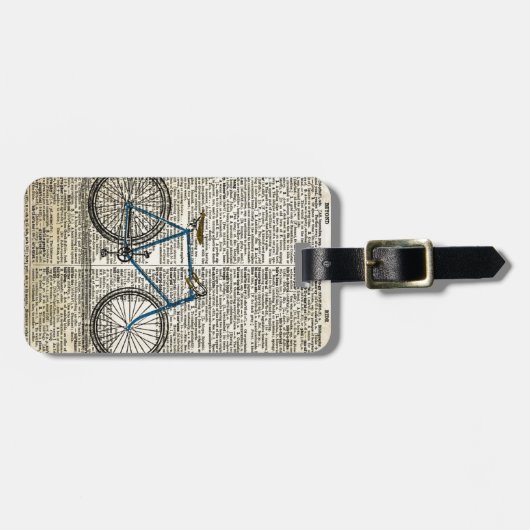 辞書の芸術のプリントの青い自転車のバイクのヴィンテージ ラゲッジタグ (正面横)