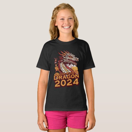 辰年2024女の子の黒いフード付ドラゴン Tシャツ (正面フル)