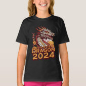 辰年2024女の子の黒いフード付ドラゴン Tシャツ (正面)