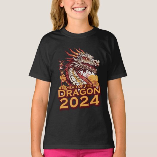 辰年2024女の子の黒いフード付ドラゴン Tシャツ (正面)