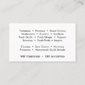 農作物の新鮮な果物と野菜のコルヌコピアのロゴ 名刺 (裏面)