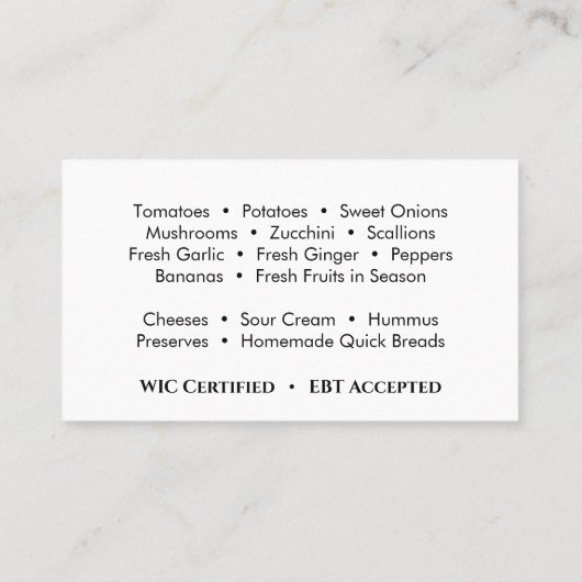 農作物の新鮮な果物と野菜のコルヌコピアのロゴ 名刺 (裏面)