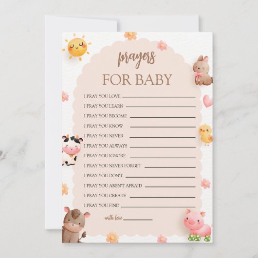 農動物赤ちゃんシャワー祈りの言葉用ベビーカード 招待状 (正面)