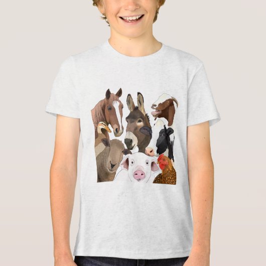 農園おもしろい動物ポートレート トライブレンドTシャツ (正面)