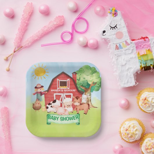 農園かわいい動物の緑の赤ちゃんシャワー ペーパープレート (パーティー)