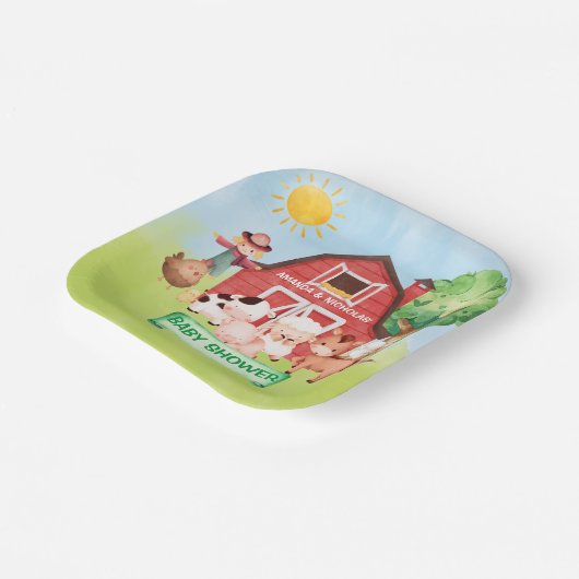 農園かわいい動物の緑の赤ちゃんシャワー ペーパープレート (傾斜あり)