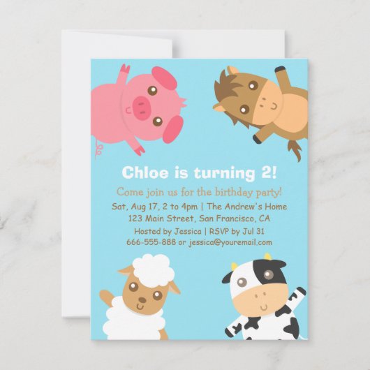 農園カラフル動物の誕生日パーティーへの招待 招待状 (正面)