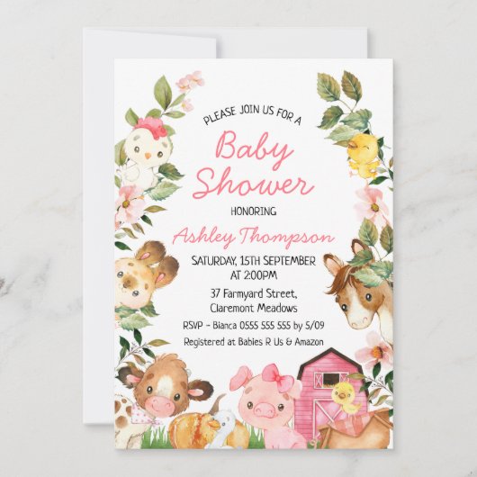 農園カラフル動物ピンク納屋ベビーシャワー 招待状 (正面)