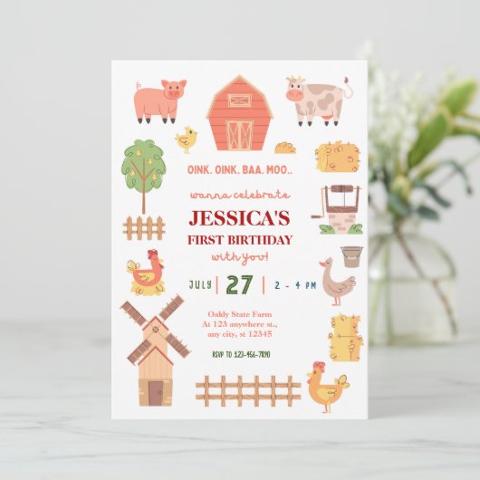 農園動物の最初の誕生日の招待 招待状 (スタンド正面)