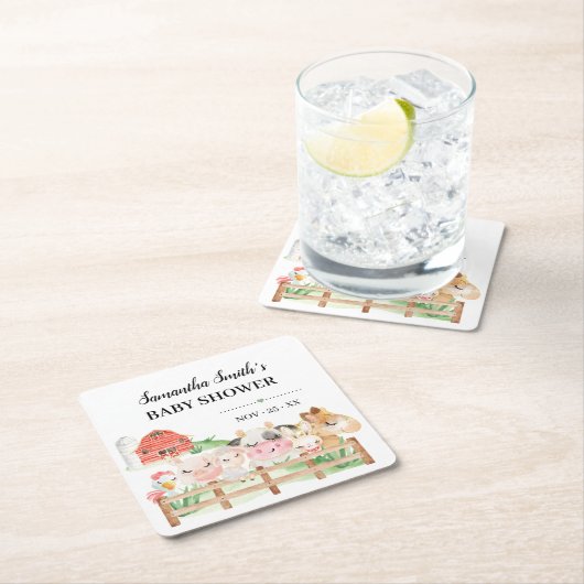 農園動物ベビーシャワー スクエアペーパーコースター (インサイチュ)