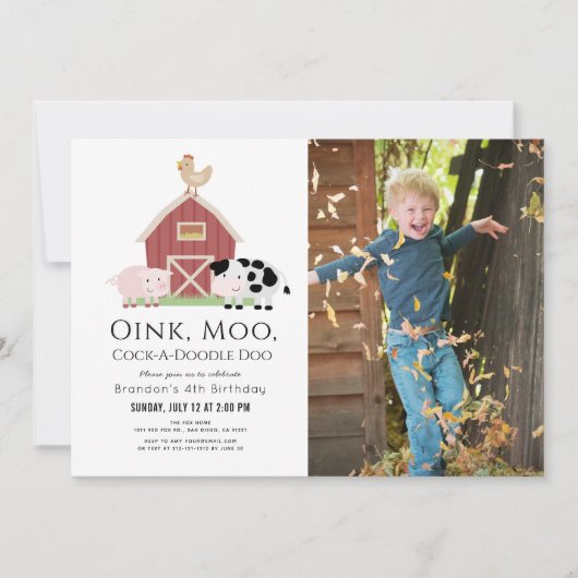農園動物納屋周囲の庭白写真撮影誕生日インビタット 招待状 (正面)