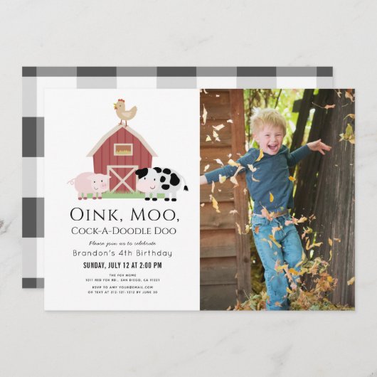 農園動物納屋周囲の庭白写真撮影誕生日インビタット 招待状 (正面/裏面)