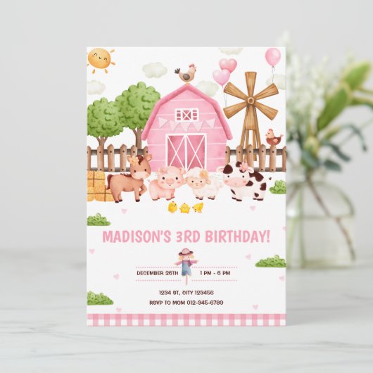 農園動物納屋周囲の庭誕生日パーティーへの招待 招待状 (スタンド正面)