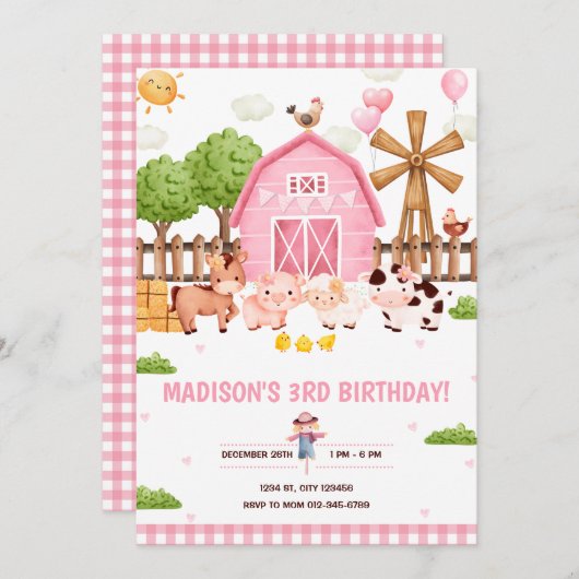 農園動物納屋周囲の庭誕生日パーティーへの招待 招待状 (正面/裏面)