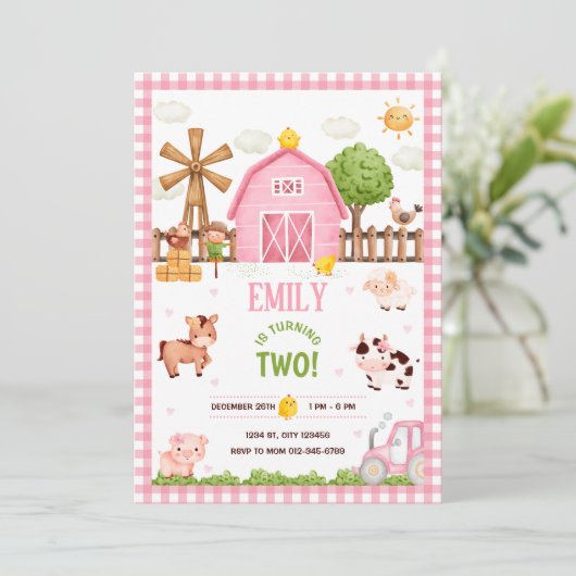 農園動物納屋周囲の庭誕生日パーティーへの招待 招待状 (スタンド正面)