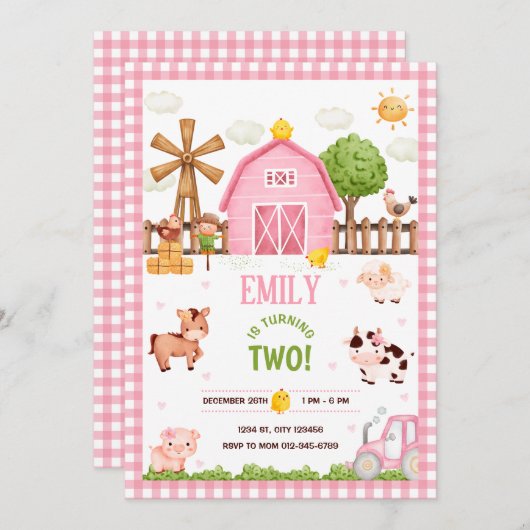 農園動物納屋周囲の庭誕生日パーティーへの招待 招待状 (正面/裏面)