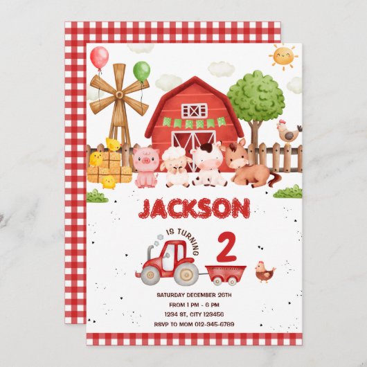農園動物納屋周囲の庭誕生日パーティーへの招待 招待状 (正面/裏面)