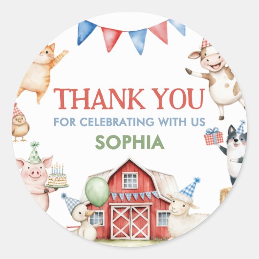 農園動物納屋周囲の庭誕生日パーティー ラウンドシール (正面)